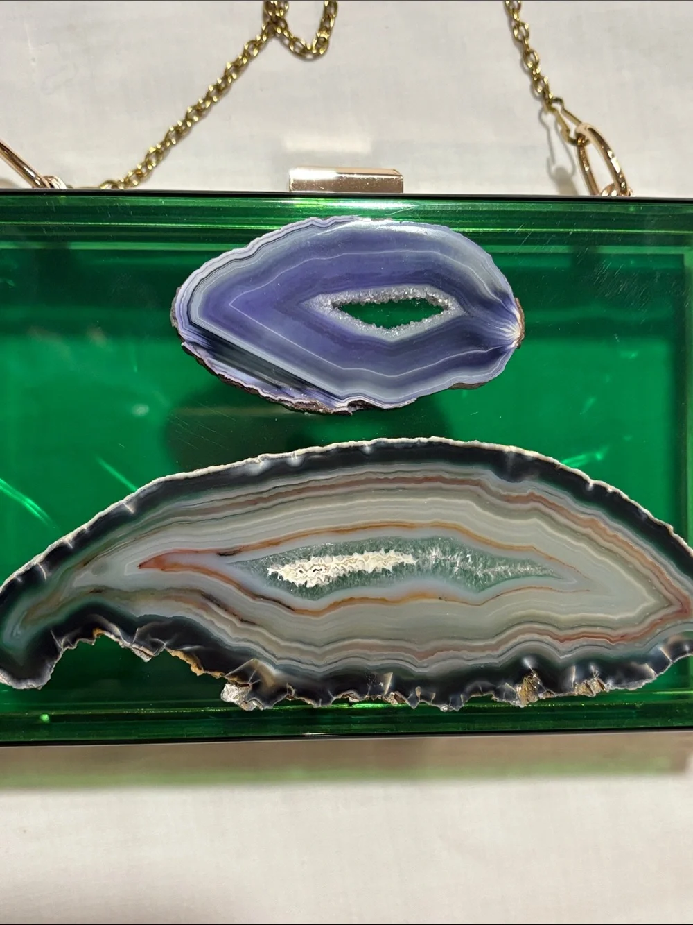Green Agate Accent Acrylic Box Clutch with Gold Chain
